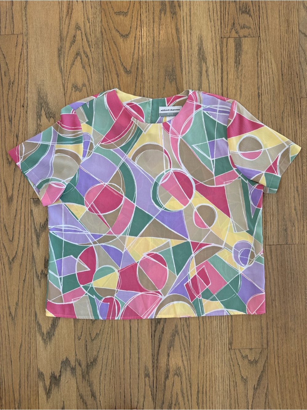 Alfred Dunner Pastel Pink Yellow Green Blue Geometric Short Sleeve Top Size 14P